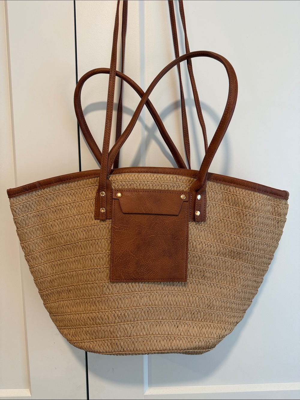 Rattan Tote Bag w Brown Trim, two handles - Women Bags, Beach Bags, Medium Tote - Picture 2 of 6
